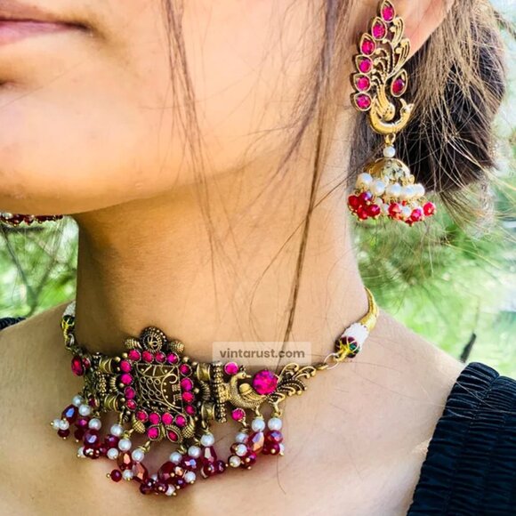 Handmade Jewelry Set With Pearls and Beads, Oxidized Jewelry Set, Choker Necklac - Picture 1 of 15